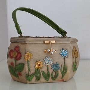 Vintage Wooden Floral Embellished Octagonal Box Purse Lined
